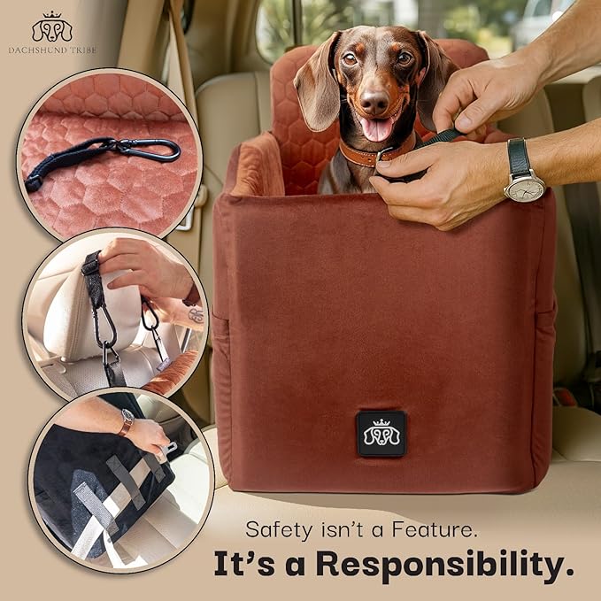 Dog Car Seat for Small Dogs, Dachshund Car Seat Booster Bed for Small Breeds – Non-Slip Base, Adjustable Straps, Washable Cover (Small Size Brown)