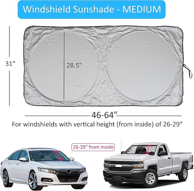 Car Windshield Sun Shade with Storage Pouch by A1 Sunshade Retractable Automotive Car Truck SUV Front Window Shield Blocker Screen Visor Protector Cover for Auto Interior Accessories for Heat Medium