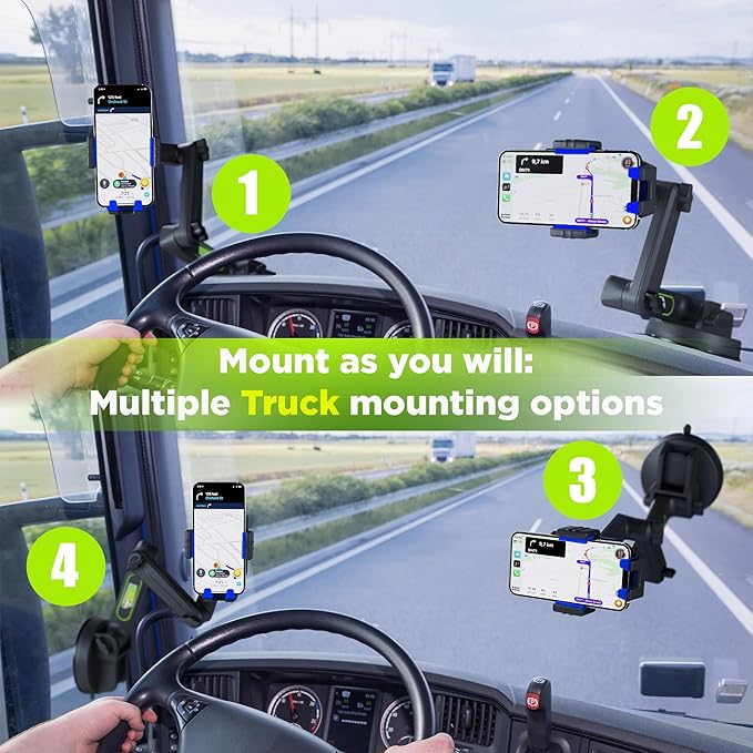 Cell Phone Mount for Truck Phone Holder for Truck Drivers - Heavy Duty Suction Cup + Dashboard Pad, iPhone Holder for Dashboard Window 16.9 inch Long, for iPhone & Samsung, Commercial Trucker, Blue