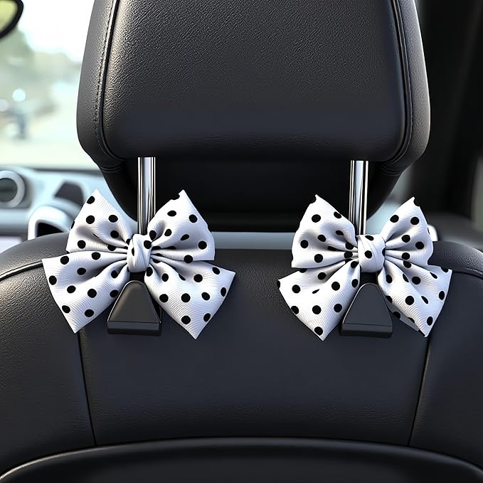 2-Pack Car Purse Hooks for Hanging Purses and Bags, Cute Bow car seat headrest Hooks for Hanging car Purse Hooks. (White Wave Point)