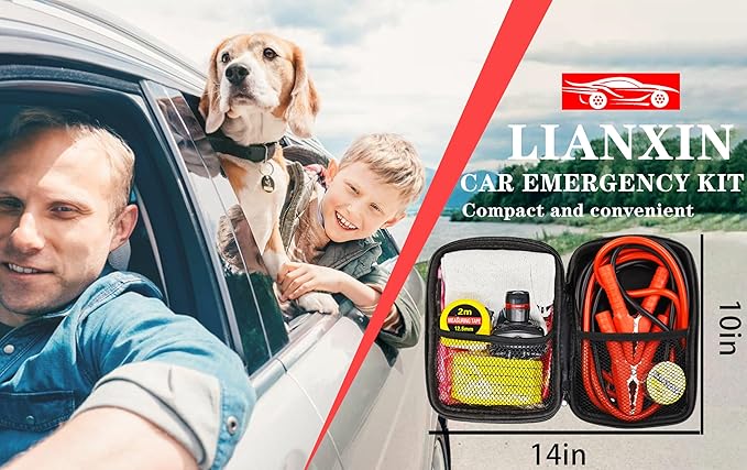 LIANXIN Car Emergency Roadside Tool Kit, Auto Emergency Kits Vehicles, with Jumper Cables kit,Car Safety Roadside Assistance Kit,Headlamp,Tow Straps,Tape Measure,Rainwear,Gloves.Gloves.Pale