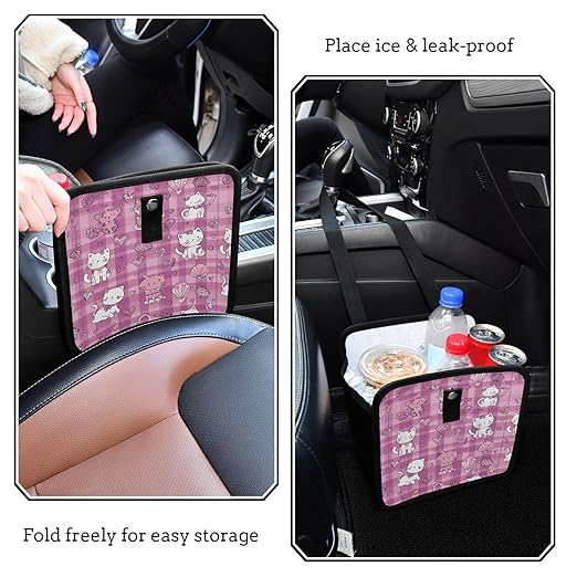 Car Trash Can Organizer Bin with Adjustable Strap for Back Front Seat Console Waterproof Leakproof Collapsible Portable 8.66 Inch Checkered Pink Kittens Hearts Shells