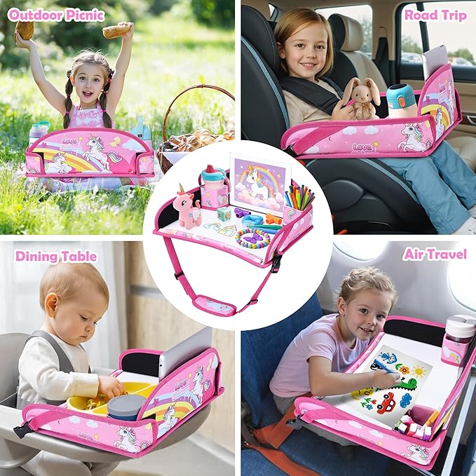 Kids Travel Tray for Toddler Carseat, Road Trip Activities Essentials for Toddler, Kids Lap Desk Tray with Tablet Holder Stand & Dry Erase Board (Pink Unicorn)