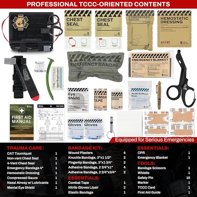 RHINO RESCUE Car Tactical IFAK Trauma Kit with C-A-T Tourniquet, First Aid Kits for Vehicles, Molle Pouch for Military, Combat, Car, Van, ATV