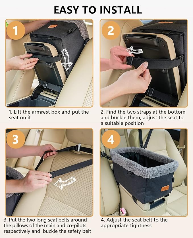 BurgeonNest Center Console Dog Car Seat for Small Dogs up to 9lbs - Sturdy Metal Frame Anti-Collapse Pet Booster Seat for Car Armrest, Dual Safety Belts & Washable Cushion, Grey
