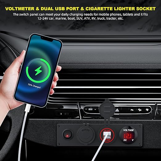 RVMARINEPAT 4 in 1 12V USB Panel with LED Voltmete & Dual USB Charger Socket Power & Cigarette Lighter Socket & Red LED Lighted Toggle Switch Panel for Boat Car RV Golf Cart ATV