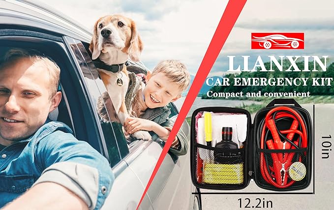LIANXIN Car Roadside Emergency Kit, with Jumper Cables Automotive Kit,Car Safety Roadside Assistance Kit Headlamp,Tow Straps,Screwdrivers, Rainwear, Gloves.Red