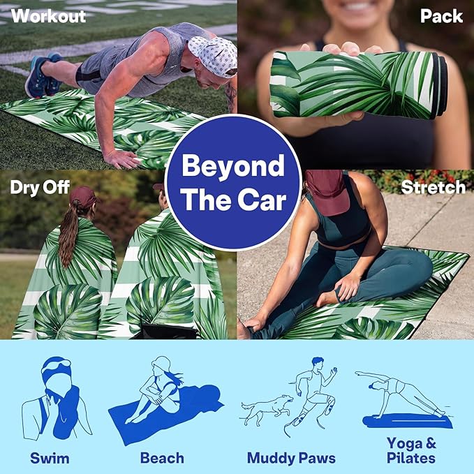 2 Pack Car Seat Towel Covers, Sweat Protector for Front Seats, Premium Thickened Microfiber with Palm Leaves, Breathable & Quick Dry, Slip-on Headrest Pocket for Gym Running Beach Universal Fit