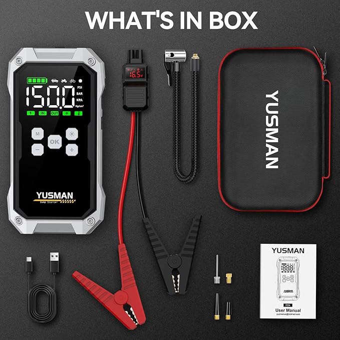 Car Jump Starter with Air Compressor, 9000A 160PSI Jump Starter Pack (All Gas/10.0L Diesel), 12V Battery Jump Starter with Display, Smart Jumper Cables, 2 LED Light
