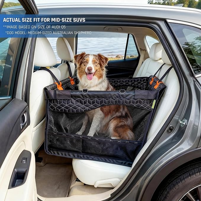 Dog Car Seat for Large Medium Dogs | Waterproof Dog Seat Cover for Back Seat with Hard Bottom | Alloy Twist-Lock Rods | 3 Mesh Windows | Removable Fleece Mat | Cars, SUVs, Trucks