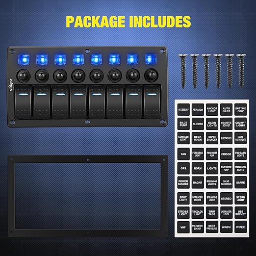 Nilight 8 Gang Rocker Switch Panel Waterproof Pre-Wired Marine with Resettable Circuit Breaker LED Backlight 5A 10A 15A Breakers 12V 24V ON Off 3 PIN Toggle Switches for Car Truck Boat RV