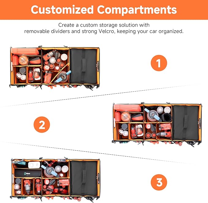 StorageWorks Trunk Organizer for SUV, Multi-Compartment Car Trunk Organizer, Car Organizer and storage with Aluminum Alloy Handle, Large, Black and Orange, 1-Pack