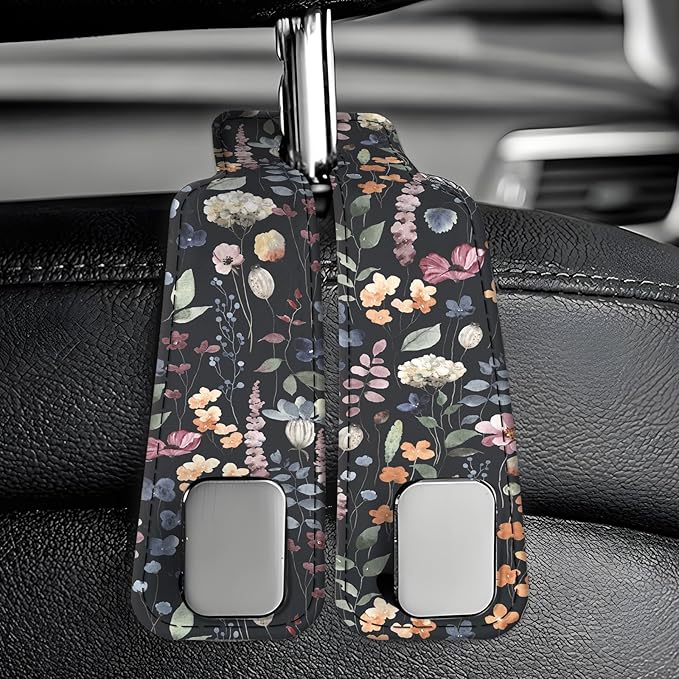 Car Seat Back Storage Headrest Hook, Premium Leather Double Metal Hook, Hanger Storage Organizer for Purse Cloth Bag, Car Interior Accessories Watercolor Boho Leaf