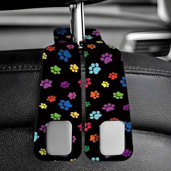 Car Seat Back Storage Headrest Hook, Premium Leather Double Metal Hook, Hanger Storage Organizer for Purse Cloth Bag, Car Interior Accessories Colorful Dog Paws