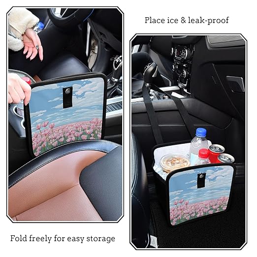 Car Trash Can Organizer Bin with Adjustable Strap for Back Front Seat Console Waterproof Leakproof Collapsible Portable 8.66 Inch Pink Tulip Field and Blue Sky