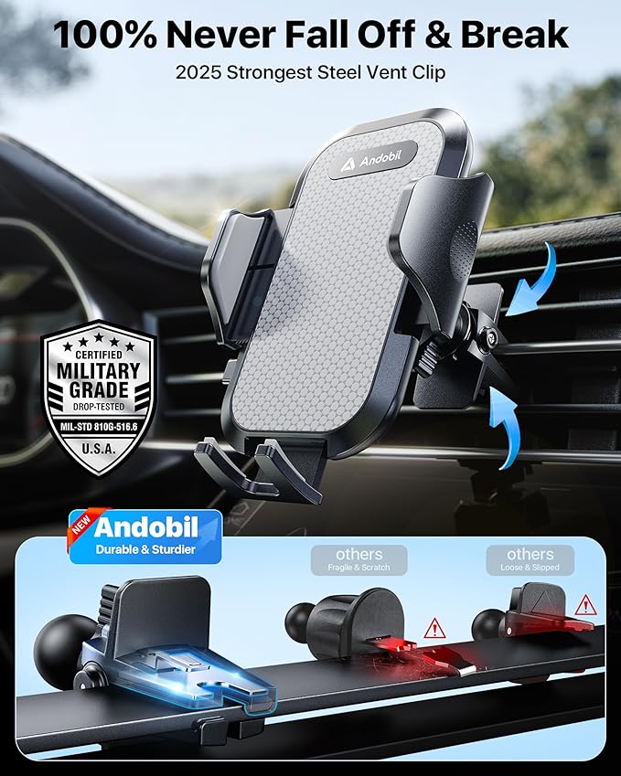 andobil Car Phone Holder, 2026 Military-Grade 89lbs Strongest Suction Phone Holders for Your Car Dashboard/Windshield/Vent Easy Clamp Cellphone Holder Truck Stand for iPhone 17 16 15 Pro Samsung Grey