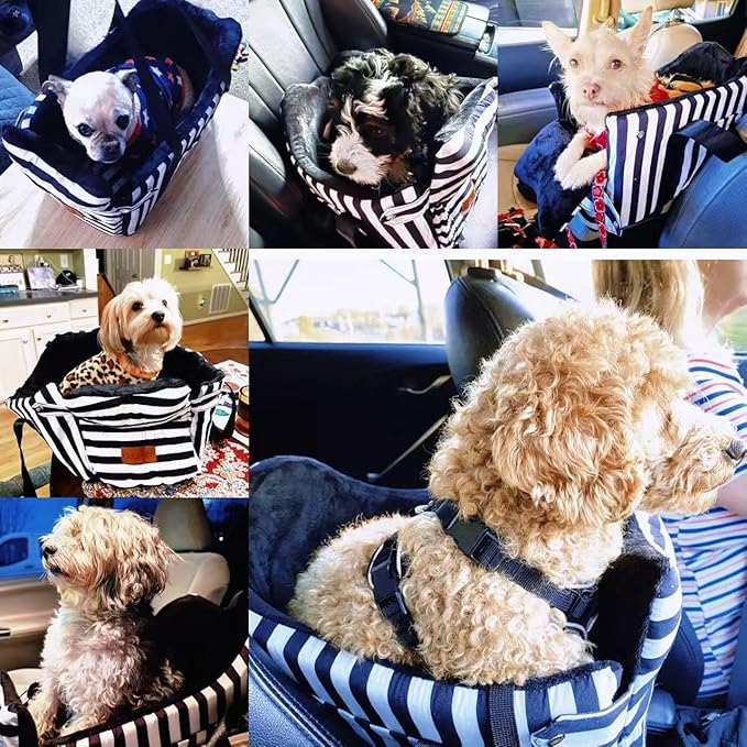 Cullaby Dog Car Seat for Small Dogs Under 15 lbs โ Center Console Pet Carrier with Safety Belt, Storage Pockets, Removable Washable Cover โ B&W Stripes, Secure & Comfortable for Small Puppies/Cats