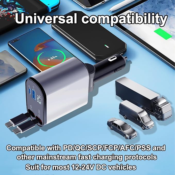Retractable Car Charger 4 in 1 USB C Fast Charger with Dual Type-C Cables (31.5 inch) with Voltage Display Compatible with iPhone 16/15 Pro Max Samsung Galaxy Note(2 Pack)