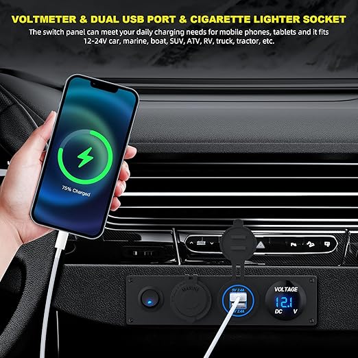 RVMARINEPAT 4 in 1 Charger Outlet Socket Panel 12V DC 4.8A Dual USB Power Outlet & 12 Volt Cigarette Lighter Socket & LED Voltmeter & Lighted ON/Off Rocker Toggle Switch for Marine Boat Truck RV Car