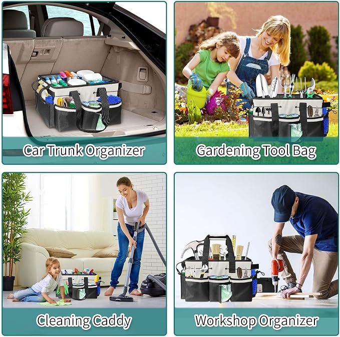 Cleaning Bags for Housekeepers, Large Cleaning Supplies Organizer with Handles & Shoulder Strap, Cleaning Caddy Bag with Foldable Divider for Cleaners, Car Horse Cleaning Bag(White)