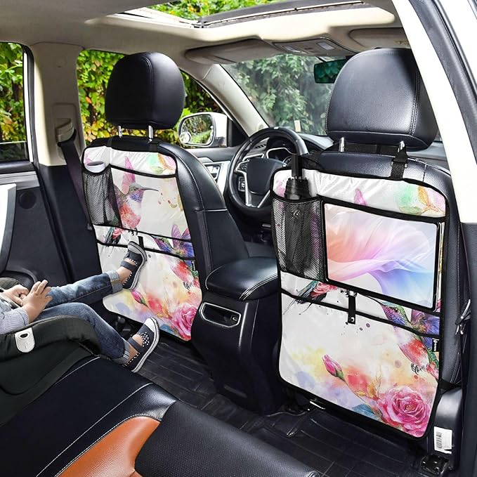 Watercolor Red Hummingbird 2 Pack Backseat Car Organizer with Storage Pockets Seat Back Organizers for Kids Kick Mats Backseat Protector Automotive