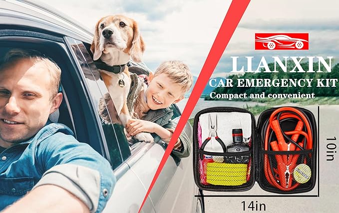 LIANXIN Car Emergency Roadside Tool Kit, Auto Emergency Kits Vehicles, with Jumper Cables kit,Car Safety Roadside Assistance Kit,Headlamp,Tow Straps,Needle Nose Pliers,Rainwear,Gloves.Matcha Green