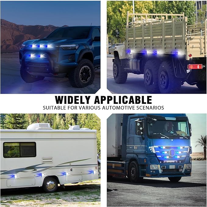 WINECO 8PCS LED Strobe Lights 12V Sync Feature Blue White 12LED Emergency Hazard Warning Lights with Strobe Controller for Trucks Vehicles ATV RV Cars Van