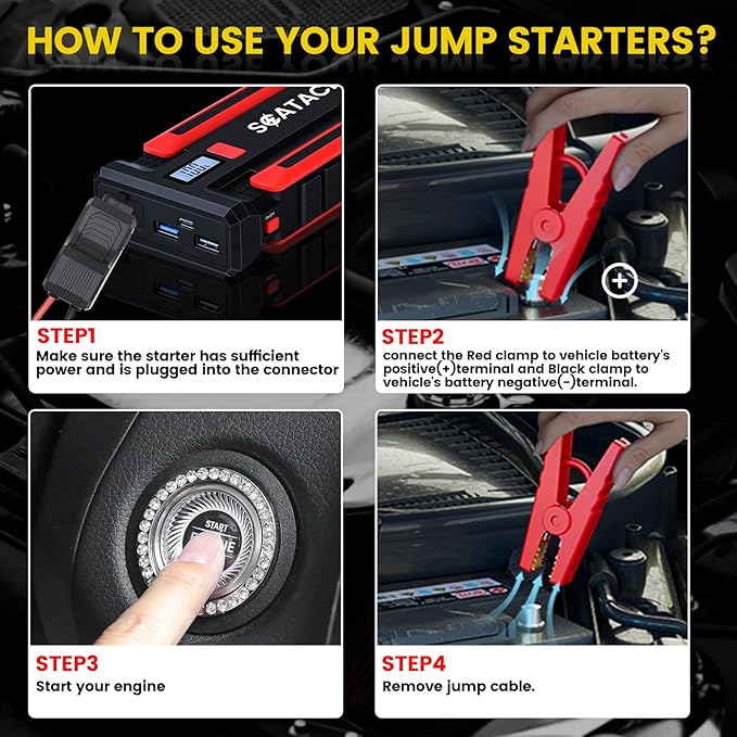 Scatach 6000A Car Battery Jump Starter,12V Car Jumper Starter Battery Pack Portable (up to 10.0L Gasoline and 8.0L Diesel Engine), Jump Box with LED Display, Flashlight and Jumper Cables