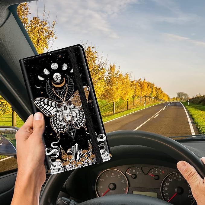 Car Registration and Insurance Card Holder, Premium PU Leather Vehicle Wallet Cover for Glove Box Car Organizer Drivers License / Cards / ID Essentials Document Holder, Skull Butterfly Moon Phase