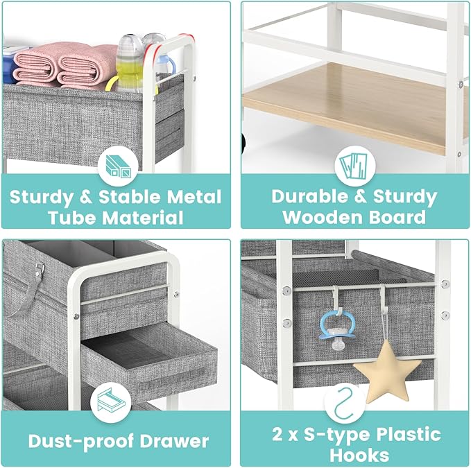 2In1 Diaper Caddy & 4-Tier Rolling Diaper Cart, Diaper Caddy Organizer Cart with Dividers & Drawer, Mobile Metal Bedside Cart for Baby Nursery Essentials Storage, Large Capacity, White