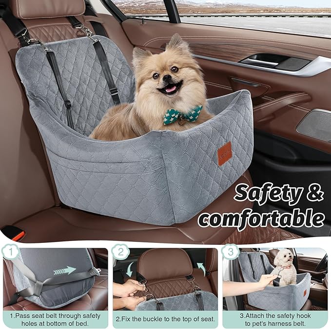 Lealchum Dog Car Seat for Medium Dogs Up to 40lbs,Fully Detachable and Washable,Easy to Install with Adjustable Straps,Anti-Slip Base Travel Car Bed for Pets,2 Side Pockets(Grey,Medium)