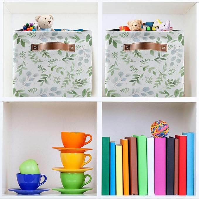 Wamika Eucalyptus Leaves Storage Basket with Waterproof Liner and PU Handles Green Leaf Storage Bins Boxes 14.2" Collapsible Decorative Organizer Baskets for Bedroom Closet Office 1 Pack
