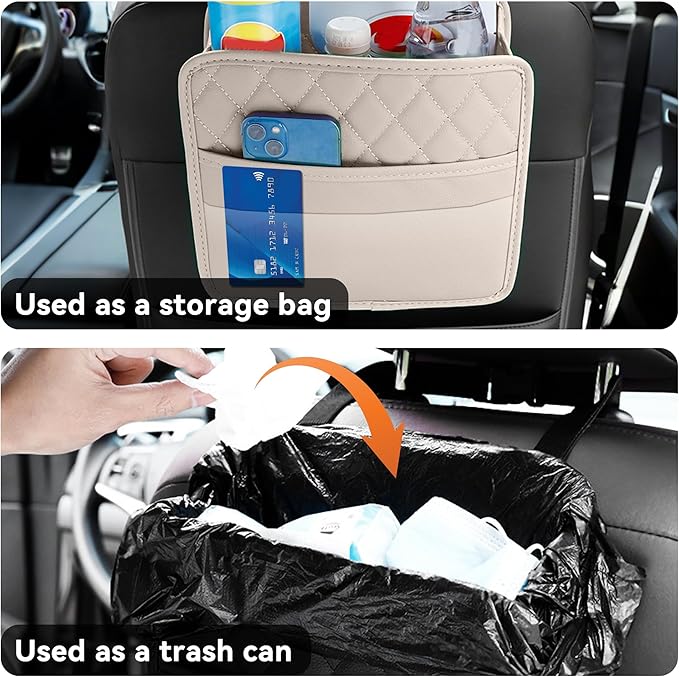 Car Seat Back Hanging Bag, PU Leather Automotive Seat Back Organizer, Multipurpose Vehicle Travel Essentials Accessories for Kids & Adults, Universal for Most Cars (Beige)