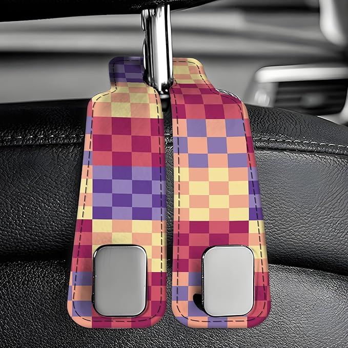 Car Seat Back Storage Headrest Hook, Premium Leather Double Metal Hook, Hanger Storage Organizer for Purse Cloth Bag, Car Interior Accessories Cute Colorful Plaid