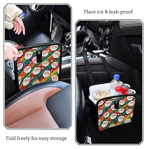 Car Trash Can Organizer Bin with Adjustable Strap for Back Front Seat Console Waterproof Leakproof Collapsible Portable 8.66 Inch Colorful Diagonal Striped Santa Claus