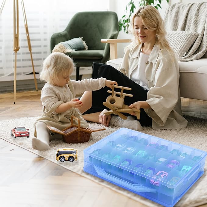 KISLANE Double Sided Storage Case for 48 Cars, Matchbox Cars, Mini Toys, Small Dolls - Portable Transparent Case (Blue)
