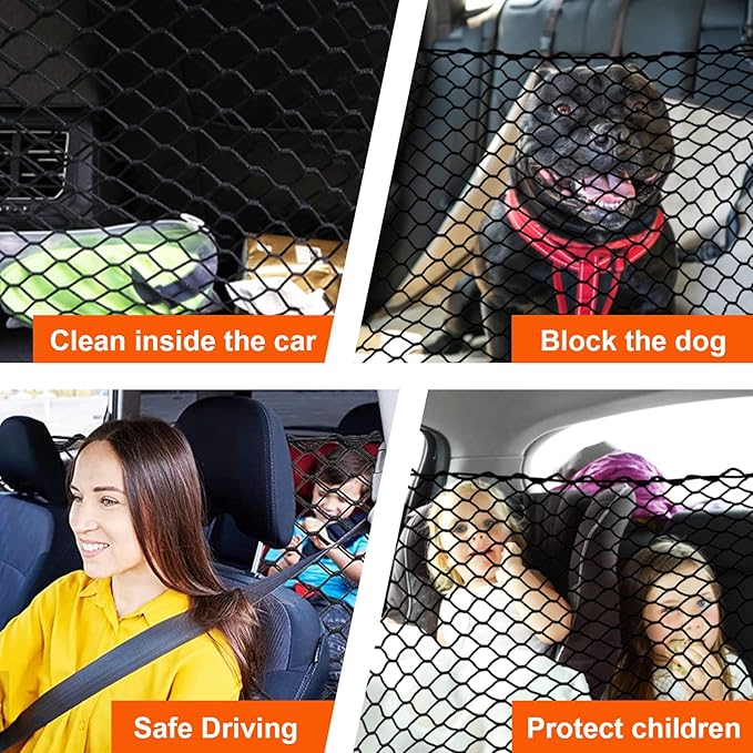 Car Dog Net Barrier 47" Pet Restraint Net Vehicle Safety Backseat Divider for Driving Safely with Children & Pets, Universal for Cars, SUVs - Easy Install