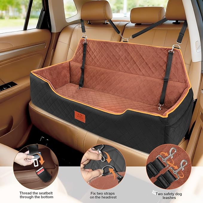 XIEEAOZEE Large Dog Car Seat, Memory Foam Dog Car Bed for Backseat & Trunk, Washable Pet Booster Seat Under 100 lbs or 2 Medium Dogs, Pet Travel Seat with Storage Pockets,2 Safety Belts