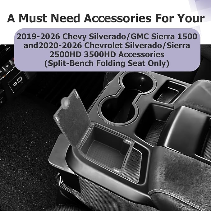 LUWU Center Console Coins Box Compatible with 2019-2026 Chevy Silverado/GMC Sierra 1500 & 2020-2025 2026 Chevrolet Silverado/Sierra 2500HD 3500HD Accessories (Split-Bench Folding Seat)