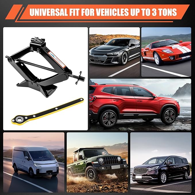 3 Ton (6610 Lbs) Car Jack, Universal Heavy Duty Scissor Jack, Professional Spare Tire Changing Kit with Lug Wrench, Portable Car Emergency Lift Jack Kit for Car, SUV, Sedan, Crossover