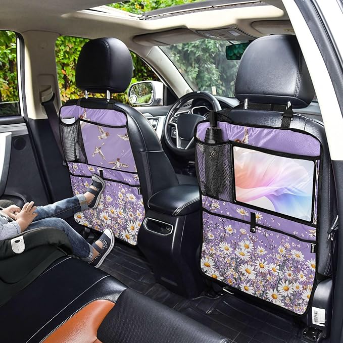 Purple Daisy Flowers and Flying Birds 2 Pack Backseat Car Organizer with Storage Pockets Seat Back Organizers for Kids Kick Mats Backseat Protector Automotive