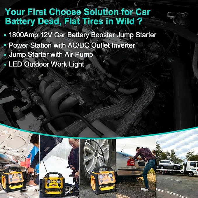1800A Car Jump Starter with Air Compressor 150PSI,12V Portable Heavy Duty Battery Jump Box (8.0L Gas/6L Diesel), Battery Booster with 400W Power Station AC/DC/USB