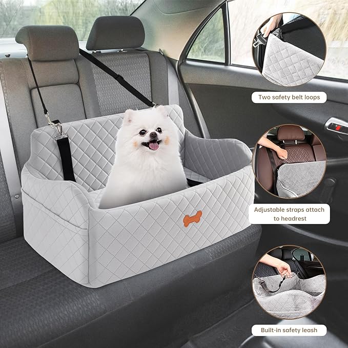 Car Seat for Large Size Dog, Booster Seat for Dogs Under 55 lbs or 2 Small Dogs, Soft Car Dog Bed Filling in Thick Memory Foam with 2 Safety Leashes and Storage Pocket (Grey)