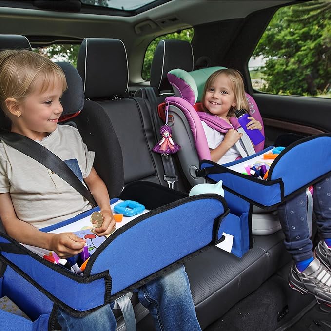2Pcs Kids Travel Tray, Kids Travel Trays for Car Seat, Road Trip Essentials for Toddler, Carseat Lap Tray with Dry Erase Board & Storage Organizer for Road Trip Activities for Kid, Blue