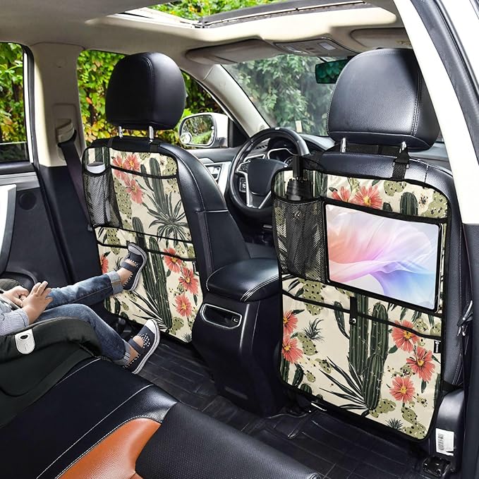 Retro Cactus Polynesia Flower 1 Pack Backseat Car Organizer with Storage Pockets Seat Back Organizers for Kids Kick Mats Backseat Protector Automotive