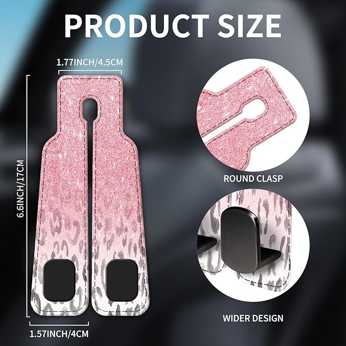 Car Seat Headrest Hook, Universal Leather Cute Hanger Holder Hook, Storage Organizer Interior Accessories for Purse Bags Handbag Pink Glitter Leopard