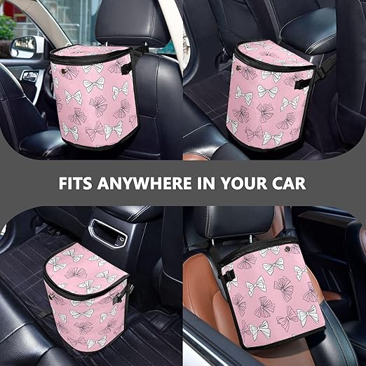 White Pink Bow Car Trash Can with Lid for Back Seat Car Trash Bin Hanging Leakproof Automotive Garbage Can Car Organizer