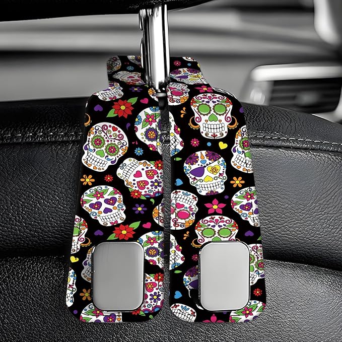 Car Seat Back Storage Headrest Hook, Premium Leather Double Metal Hook, Hanger Storage Organizer for Purse Cloth Bag, Car Interior Accessories Luxury Flower Skull