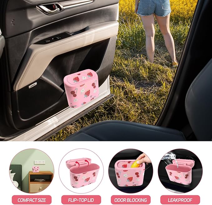Mini Car Trash Can with Lid β Cute Strawberry Pink Trash Can for Women with 5 Bags, Girly Automotive Organizer for Front and Back Seat, Car Accessories for Teen Girls, SUV, Truck, Sedan