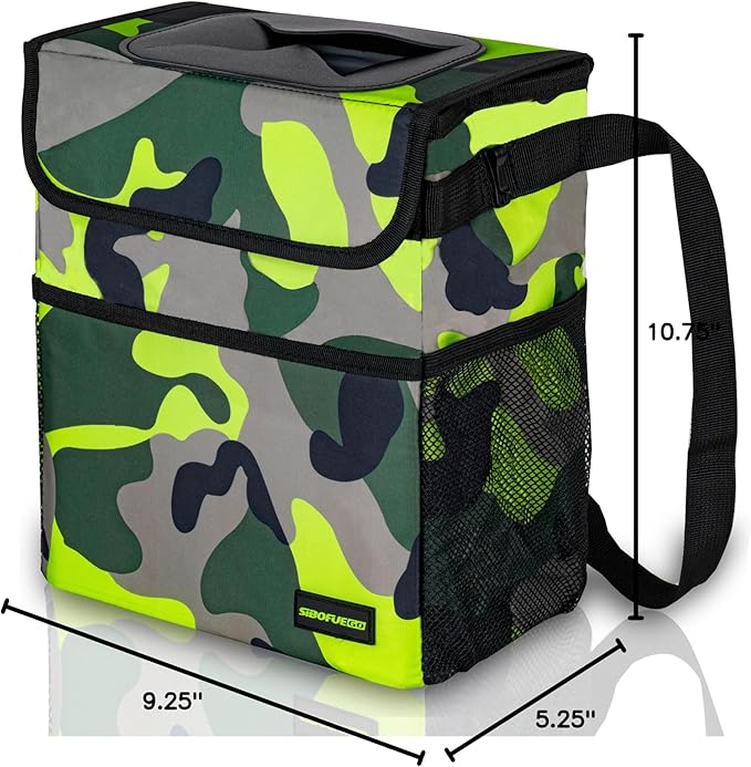 SIBOFUEGO Cute Car Trash Can with Lid β Multipurpose Collapsible Trash Bin for Car, Leak-Proof Organizer, Waterproof Garbage Can with Storage Pockets & Adjustable Straps, 2 Gallons (Camo Green)
